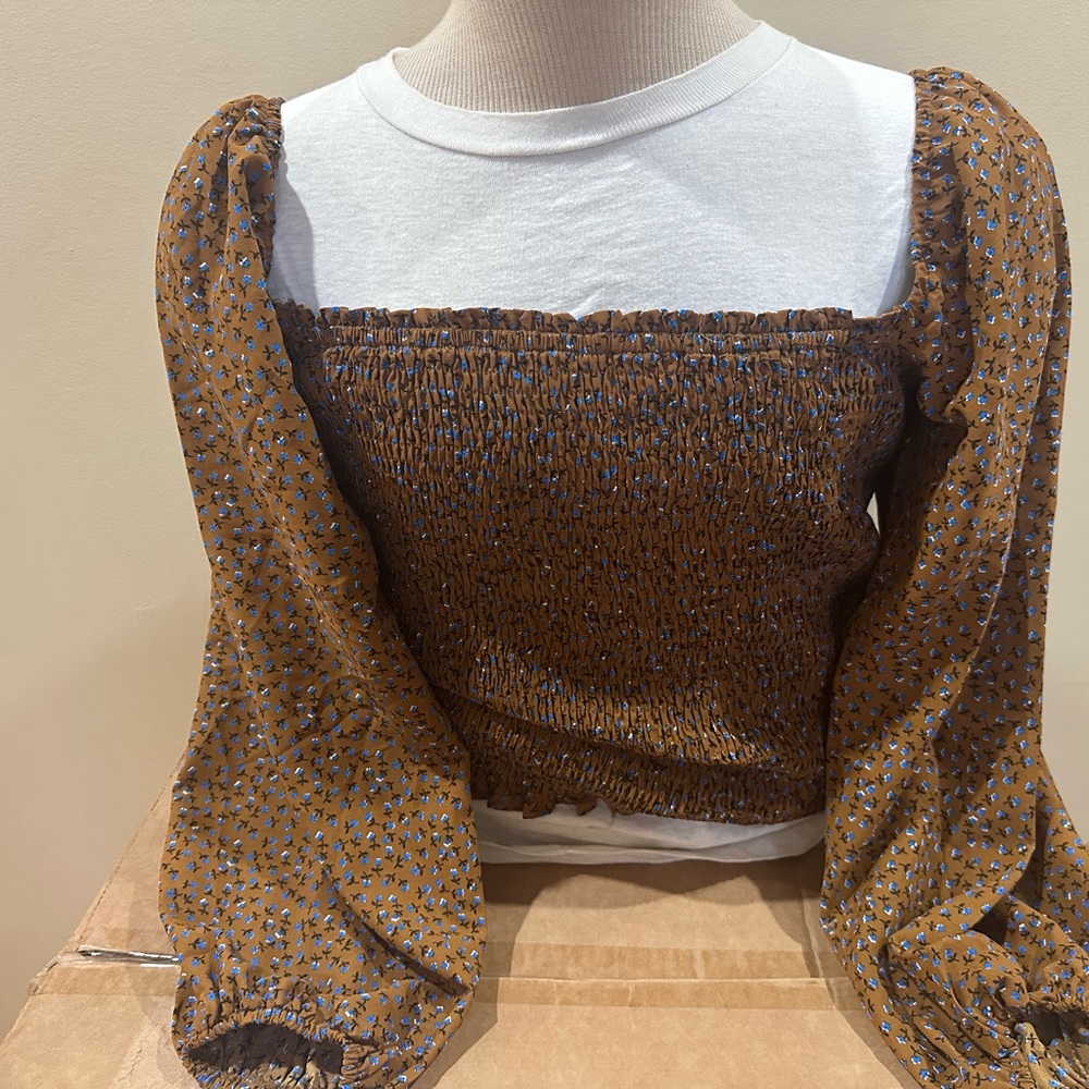 Amazon Brown Smocked Blouse with White Layer